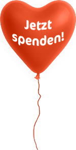 Roter Herzballon mit Aufschrift Jetzt spenden! - Link zur Online-Spende für die Kölner Klinik-Clowns